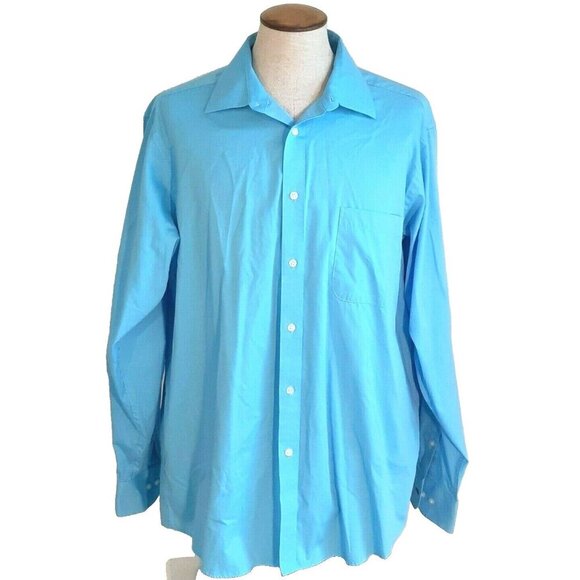 Izod Wrinkle Free Shirt Mens Size 17 Aqua Blue Button Front Regular Fit Pocket - Picture 1 of 3